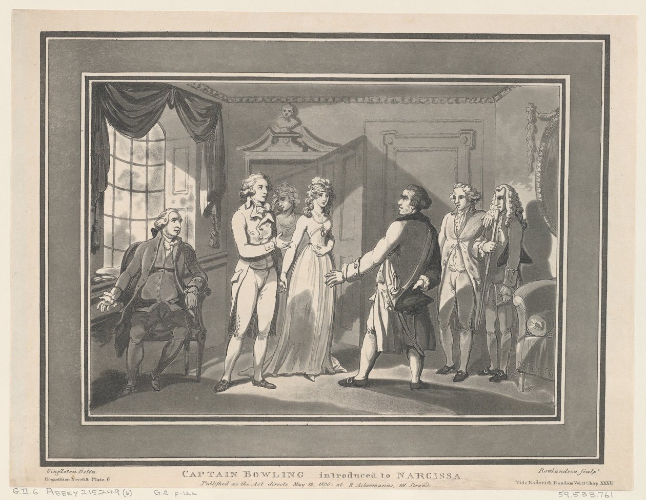 Capitão Bowling apresentado a Narcissa, 12 de maio de 1800., 12 de maio de 1800. Criadores: Thomas Rowlandson, Joseph Constantine Stadler. de ThomasThomas Rowlandson, Joseph Constantine Stadler Thomas Rowlandson, Joseph Constantine Stadler