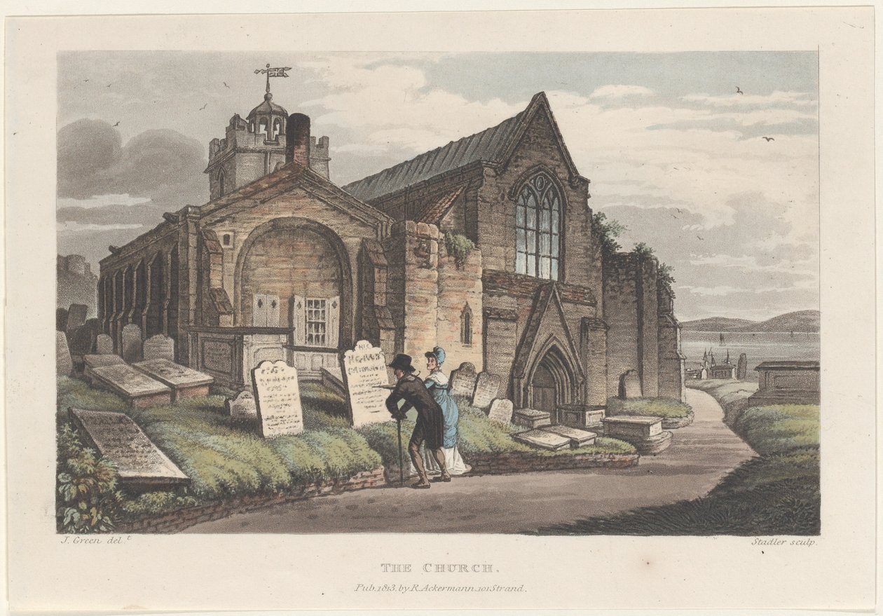 A Igreja, de Esboços Poéticos de Scarborough, 1813., 1813. Criadores: Thomas Rowlandson, Joseph Constantine Stadler, J. Bluck. de Thomas Rowlandson, Joseph Constantine Stadler, J. Bluck