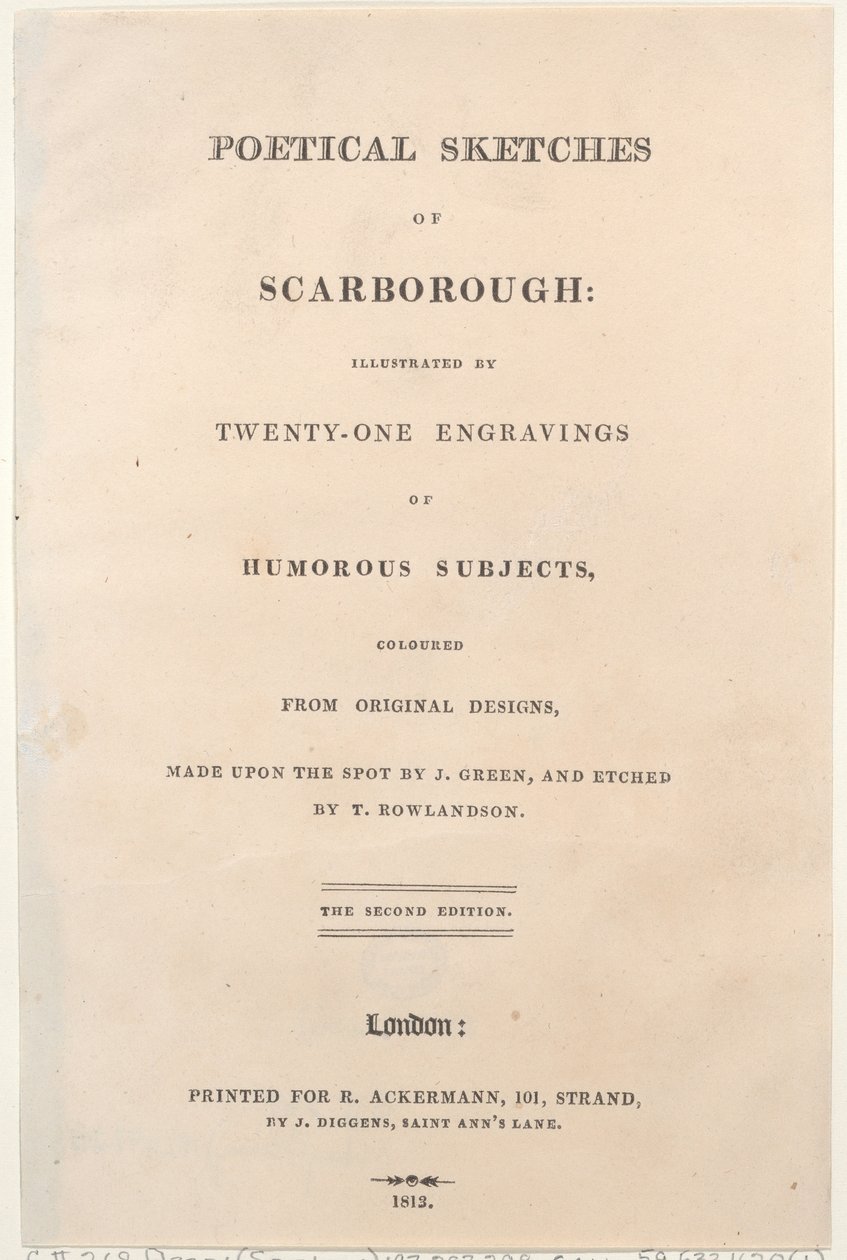 Página de título, de Poetical Sketches of Scarborough, 1813., 1813. Criadores: Thomas Rowlandson, Joseph Constantine Stadler, J. Bluck. de Thomas Rowlandson, Joseph Constantine Stadler, J. Bluck
