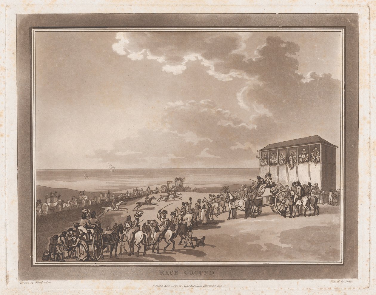 Race Ground Uma excursão para Brighthelmstone, 1º de junho de 1790., 1º de junho de 1790. Criadores: Thomas Rowlandson, Samuel Alken. de Thomas Rowlandson, Samuel Alken