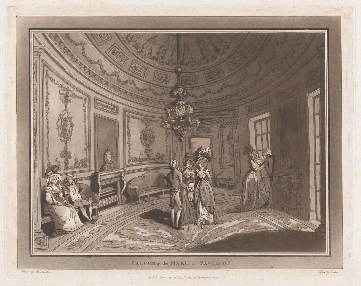 Saloon no Pavilhão Marinho Uma excursão a Brighthelmstone, 1º de junho de 1790., 1º de junho de 1790. Criadores: Thomas Rowlandson, Samuel Alken. de Thomas Rowlandson, Samuel Alken