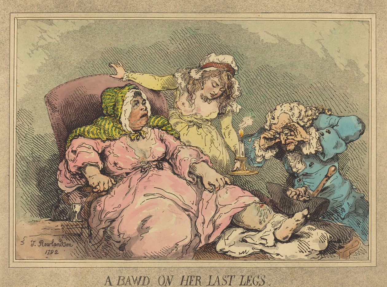Um Bawd em suas últimas pernas, 1792 (gravura à mão colorida e aquatint) de Thomas Rowlandson
