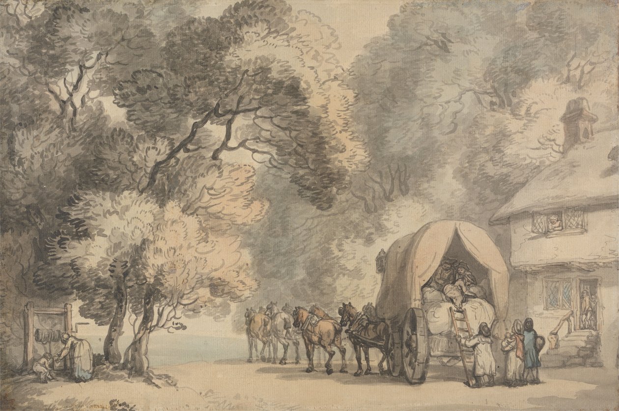A Carrier&39;s Cart Outside an Inn, c.1785-90 (caneta e tinta e aquarela sobre papel vegetal) de Thomas Rowlandson