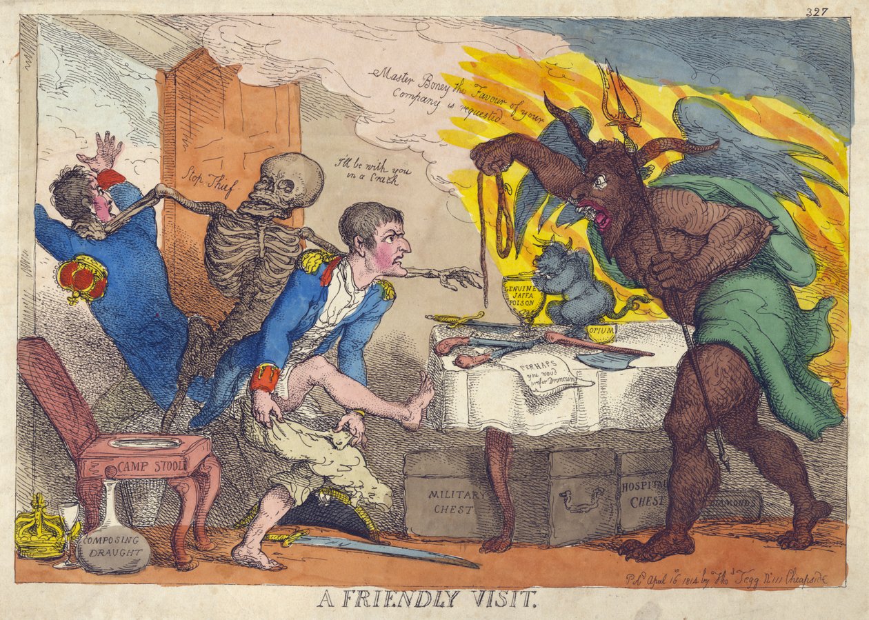 UMA VISITA AMIGÁVEL, sátira sobre a derrota de Napoleão, a sua abdicação e a sua retirada para Elba de Thomas Rowlandson
