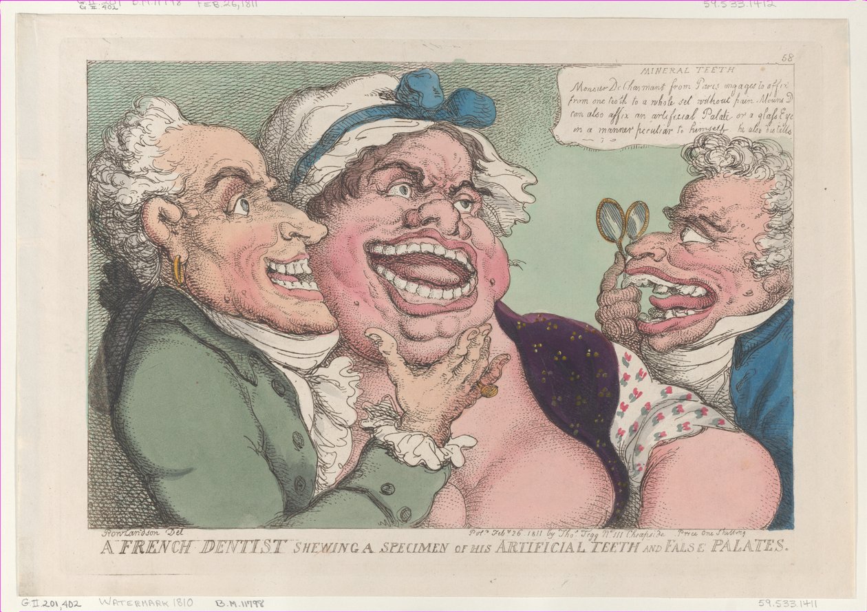 Um dentista francês mostrando um espécime de seus dentes artificiais e palatos falsos..., 26 de fevereiro de 1811. de Thomas Rowlandson