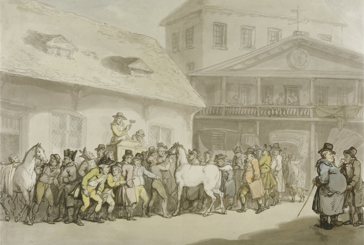 A Horse Sale at Hopkins&39;s Repository, Barbican, c.1798-1800 (caneta, tinta e aquarela sobre papel) de Thomas Rowlandson