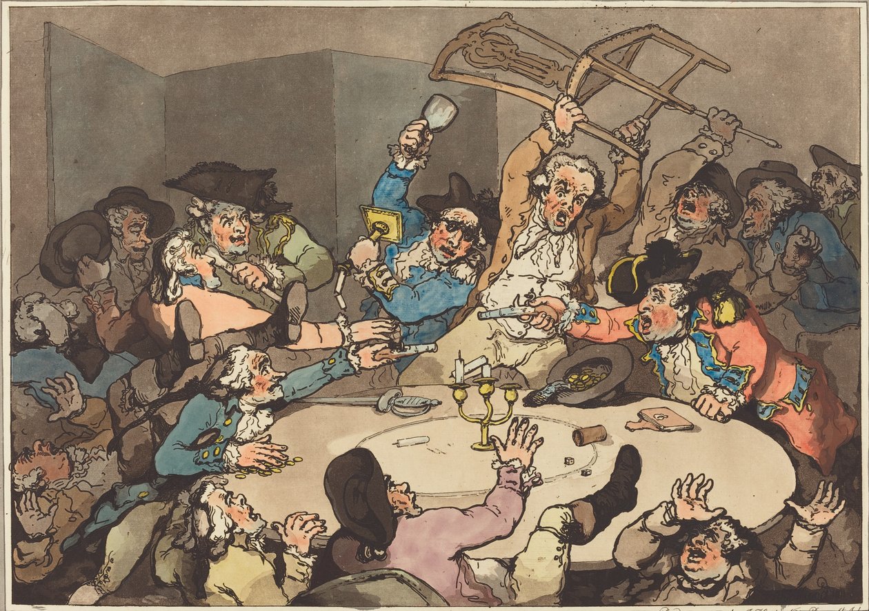 A Kick-up em uma mesa de perigo, publicado 1787. de Thomas Rowlandson