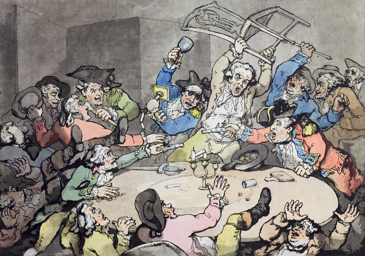 Um pontapé em cima de uma mesa de risco, pub. por J. Harris, 1787 (gravura colorida com aquatint) de Thomas Rowlandson