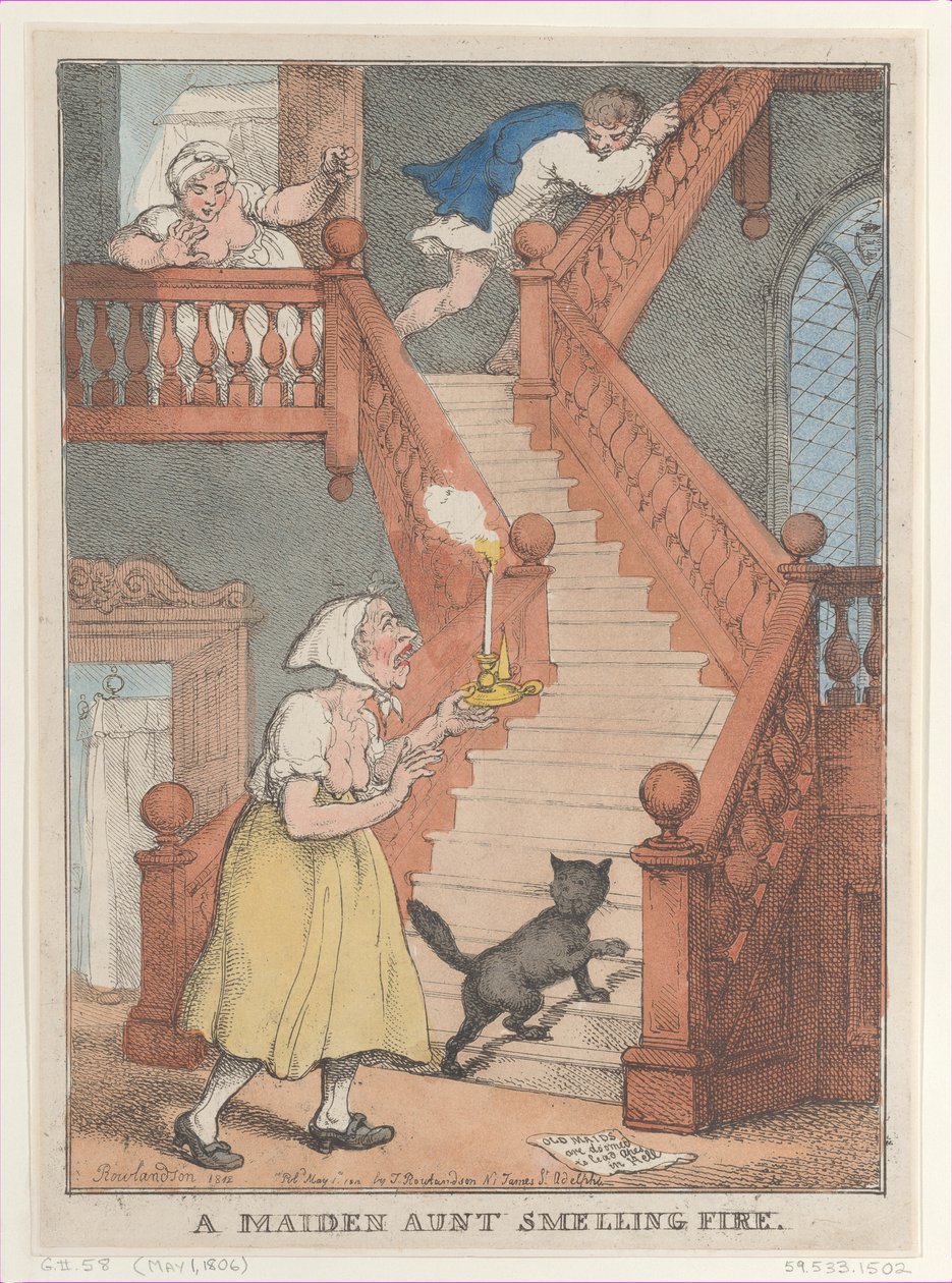 A Maiden Aunt Smelling Fire, [1º de maio de 1806], reeditado em 1º de maio de 1806, reeditado em 1º de maio de 1812. de Thomas Rowlandson