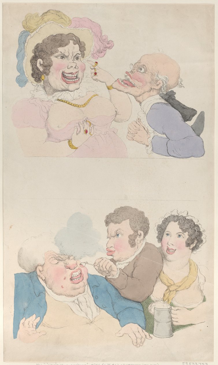 Um homem seduzido por uma mulher e fumando um cliente, 1800 ., 1800 . de Thomas Rowlandson