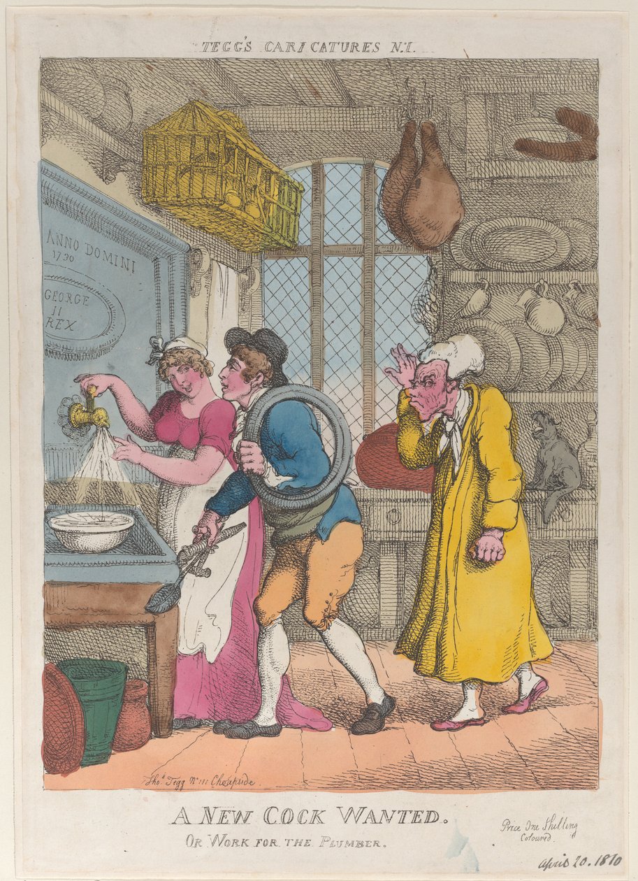 A New Cock Wanted, or Work for the Plumber, 20 de abril de 1810., 20 de abril de 1810. de Thomas Rowlandson
