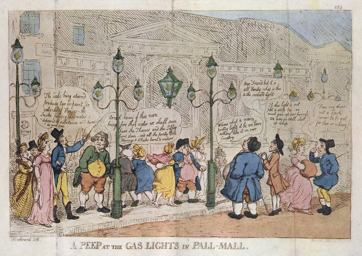 Uma espreitadela às luzes de gás em Pall Mall Rowlandson 1809 de Thomas Rowlandson