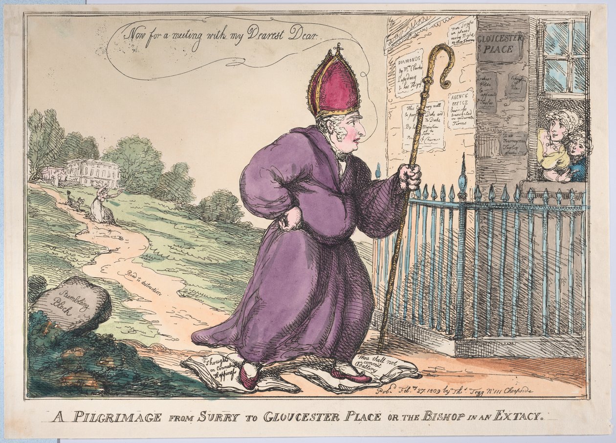 Uma Peregrinação de Surry a Gloucester Place ou o Bispo em uma Extacy, 27 de fevereiro de 1809. de Thomas Rowlandson