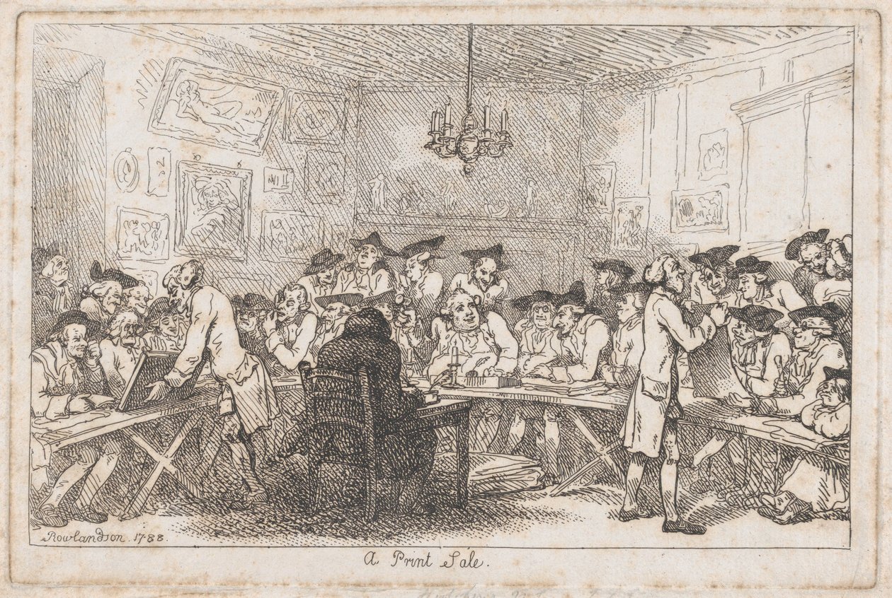 Uma venda de impressão - um leilão noturno, 1788., 1788. de Thomas Rowlandson
