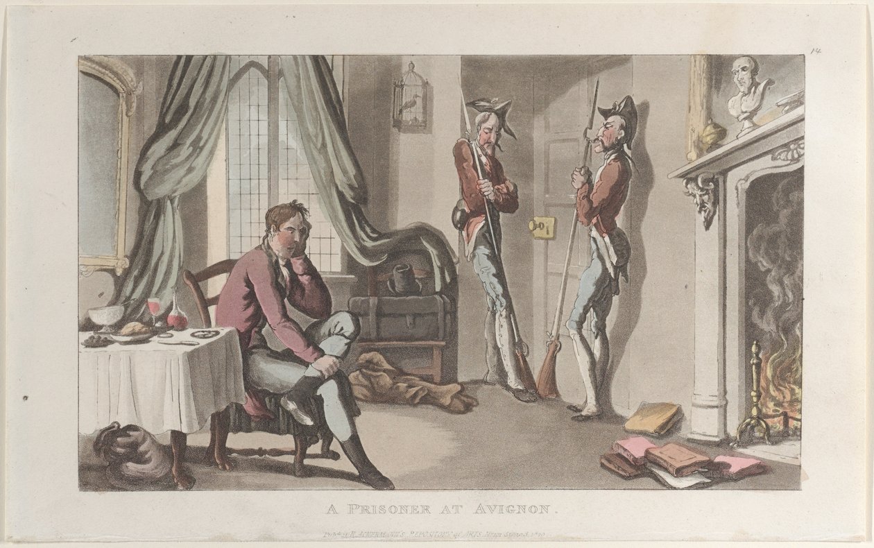 Um prisioneiro em Avignon, do Journal of Sentimental Travels in the Southern Provinces of F..., 1820. de Thomas Rowlandson