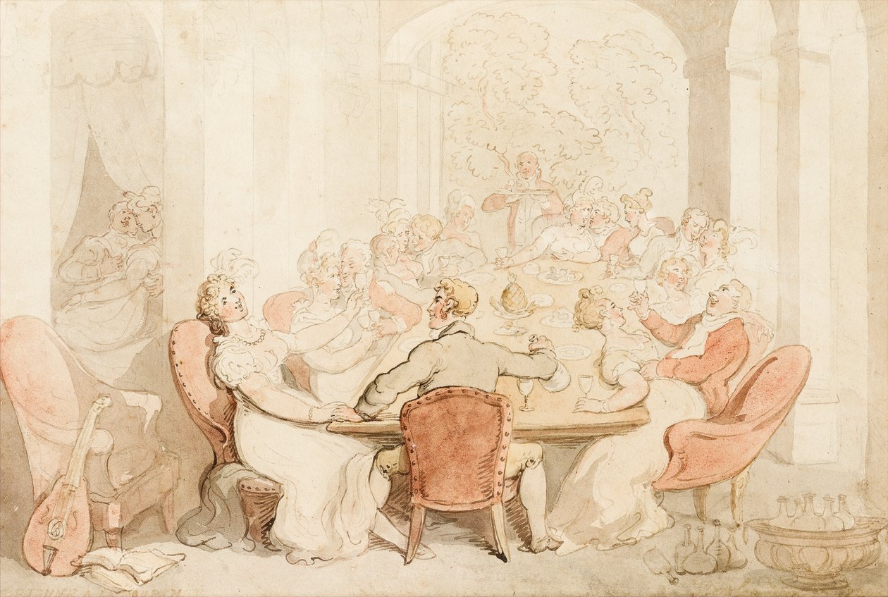 Um almoço estridente em uma casa de campo (tinta e tinta colorida no papel) de Thomas Rowlandson