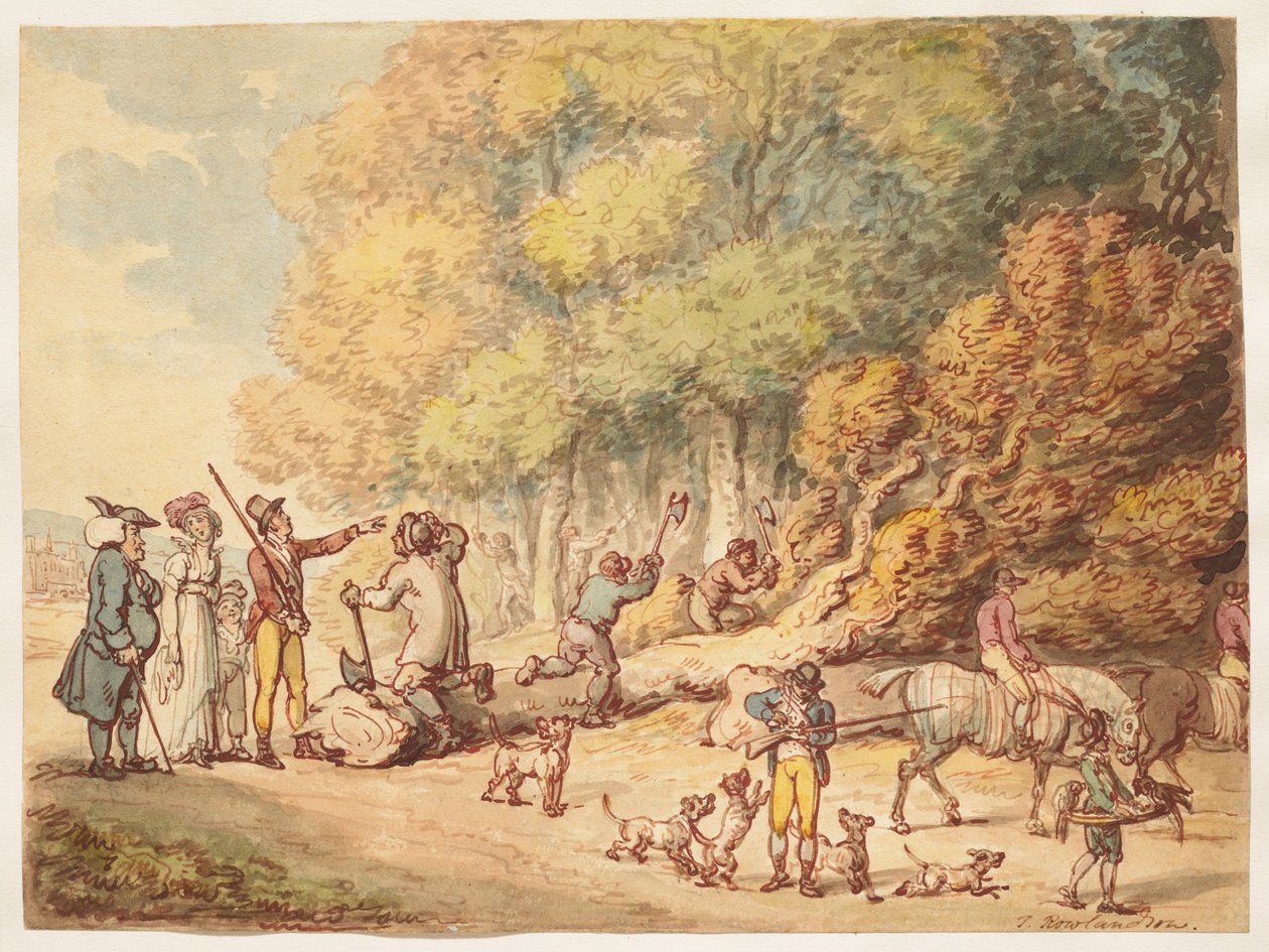 Um caçador com a família a instruir lenhadores para cortar uma árvore abatida de Thomas Rowlandson