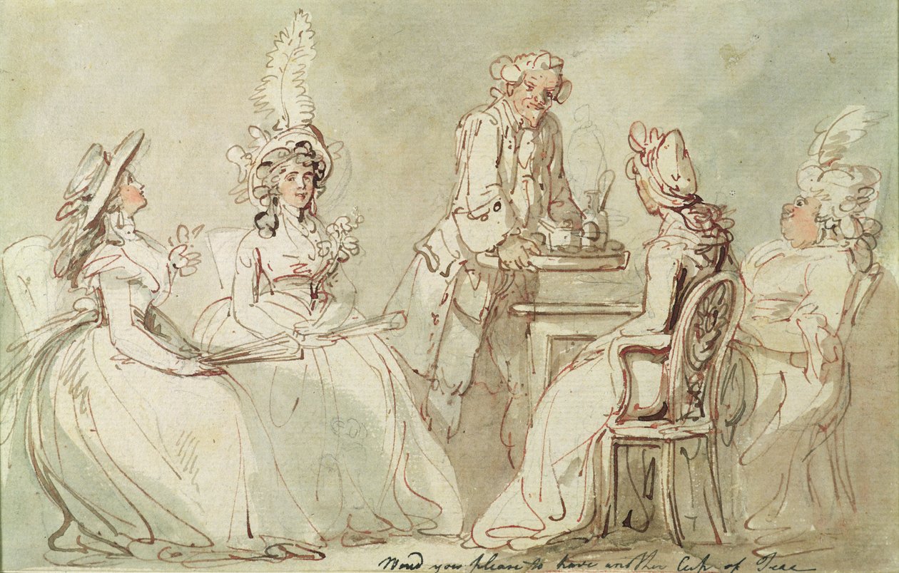 Uma festa do chá (caneta e tinta, lápis e w - c no papel colocado no suporte) (frente de 238964) de Thomas Rowlandson