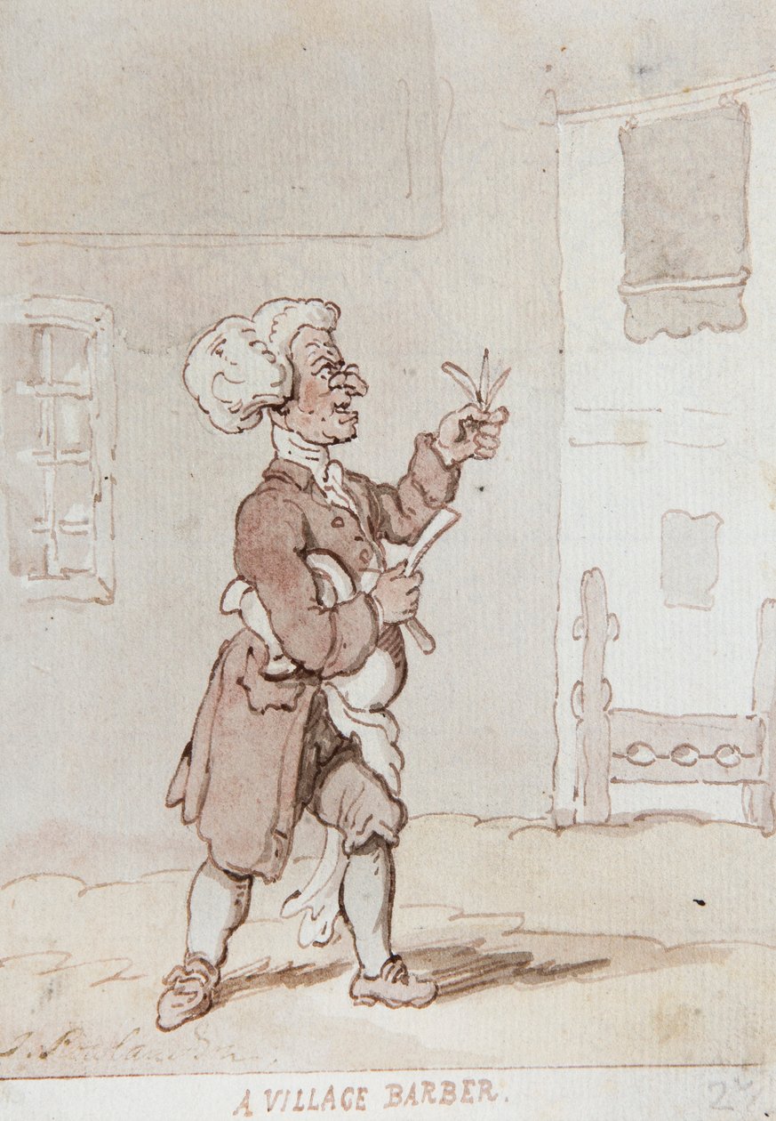 Um barbeiro de aldeia (tinta e aguarela) de Thomas Rowlandson