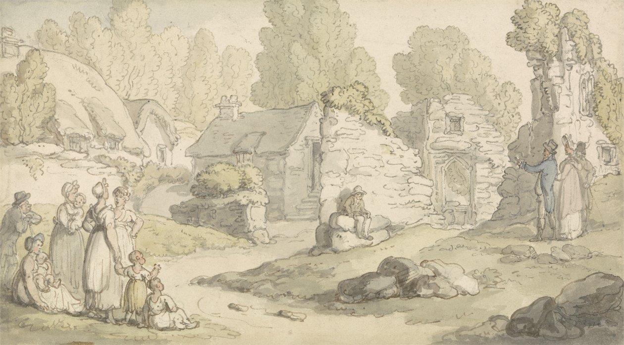 Uma cena de aldeia com figuras e edifícios em ruínas (aquarela, caneta e tinta e lápis no papel) de Thomas Rowlandson