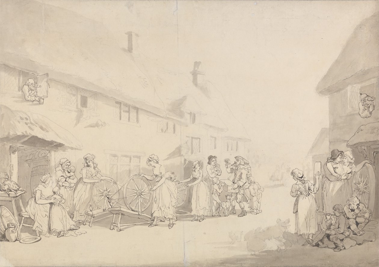 Uma cena de aldeia com raparigas a fiar de Thomas Rowlandson
