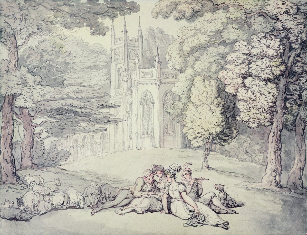 Um colégio verde com um grupo de donzelas e jovens cavalheiros em primeiro plano, c.1810-15 (caneta e tinta e aquarela sobre lápis no papel) de Thomas Rowlandson