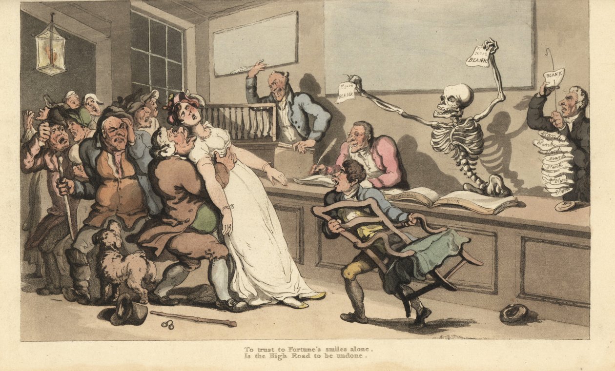 Uma mulher expira em choque ao ver um pedaço de papel em branco brandido pelo esqueleto da Morte em um escritório de loteria. Placa de cobre colorida à mão desenhada e gravada por Thomas Rowlandson de The English Dance of Death, Ackermann, Londres de Thomas Rowlandson