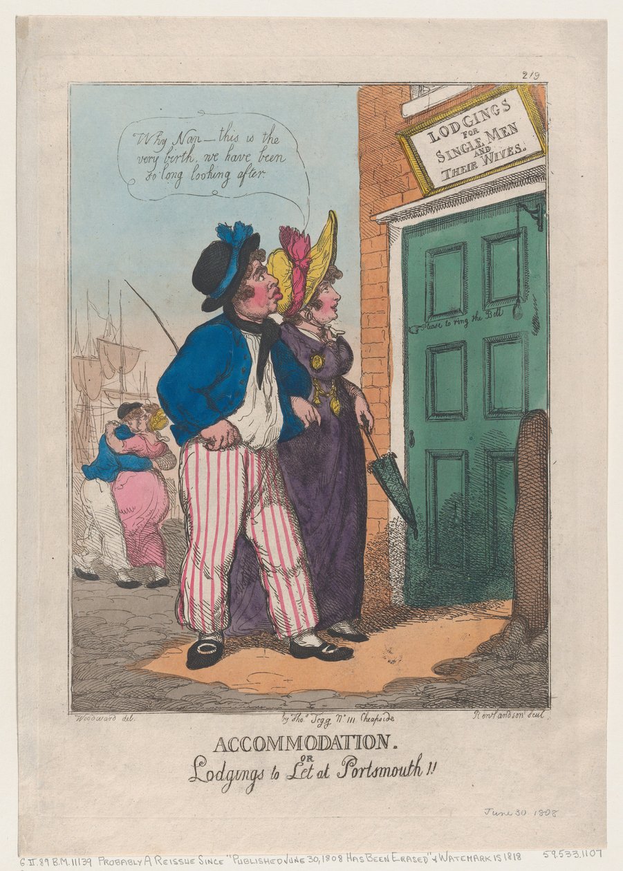 Alojamento, ou Lodgings to Let at Portsmouth!!, 30 de Junho de 1808., 30 de Junho de 1808. de Thomas Rowlandson