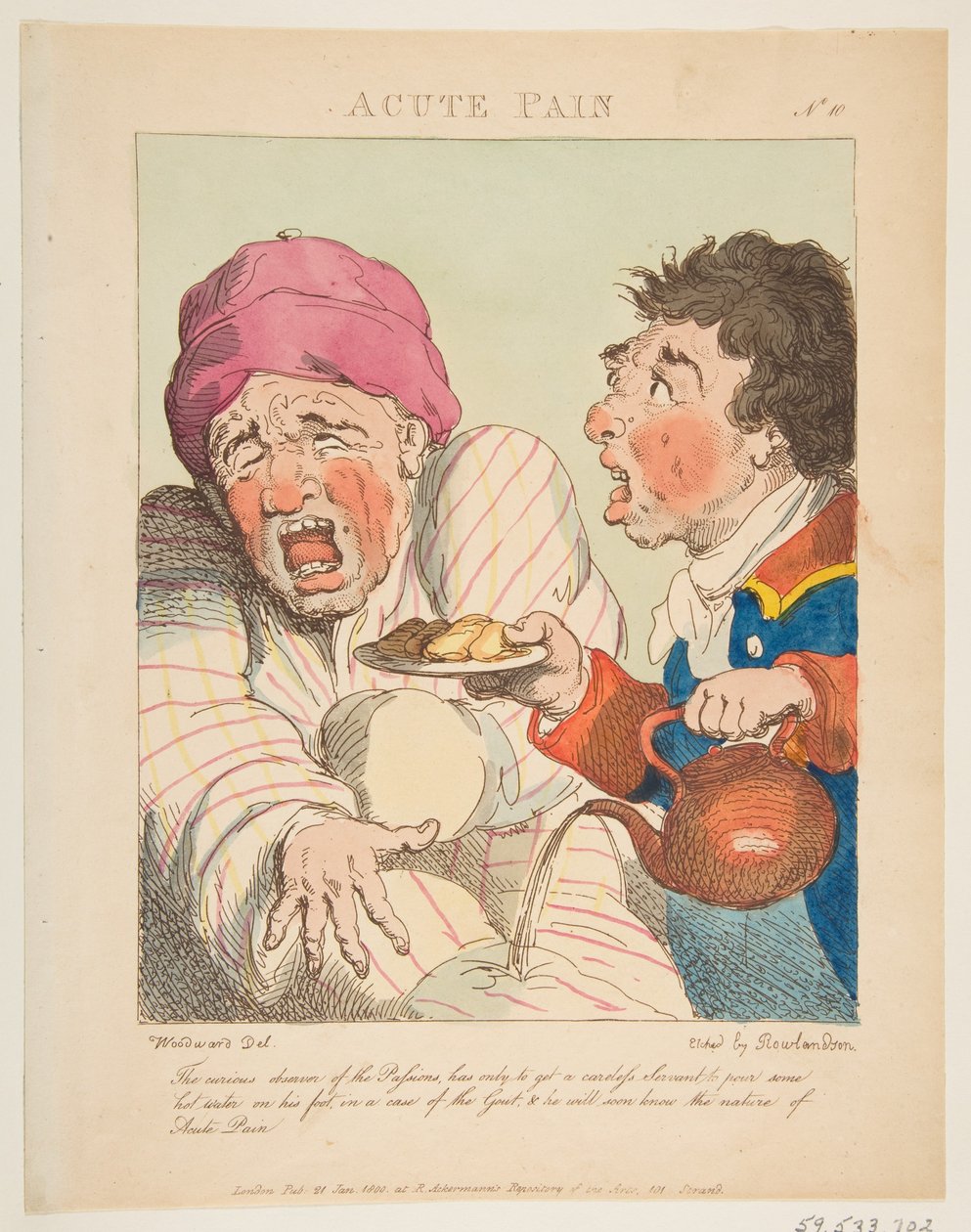 Dor aguda Le Brun Travested, ou Caricaturas das Paixões, 21 de janeiro de 1800. de Thomas Rowlandson