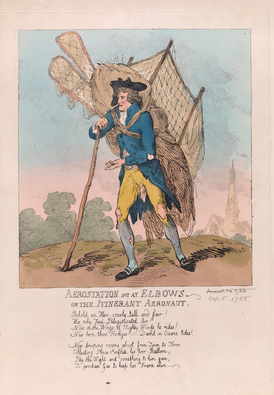 Aerostation out at Cotovelos ou o Aeronaut Itinerante, pub. 1785 (gravura colorida à mão) de Thomas Rowlandson