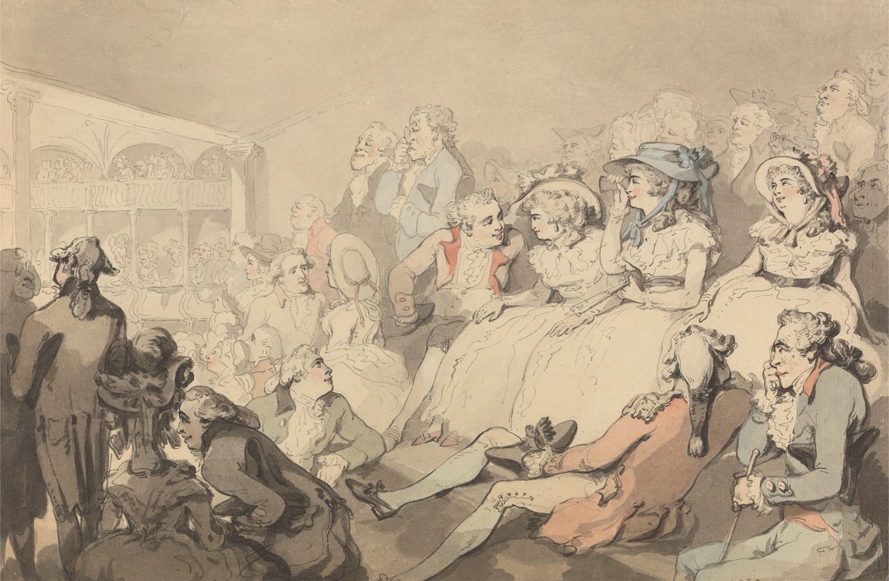 Um público a assistir a uma peça no Teatro Drury Lane de Thomas Rowlandson