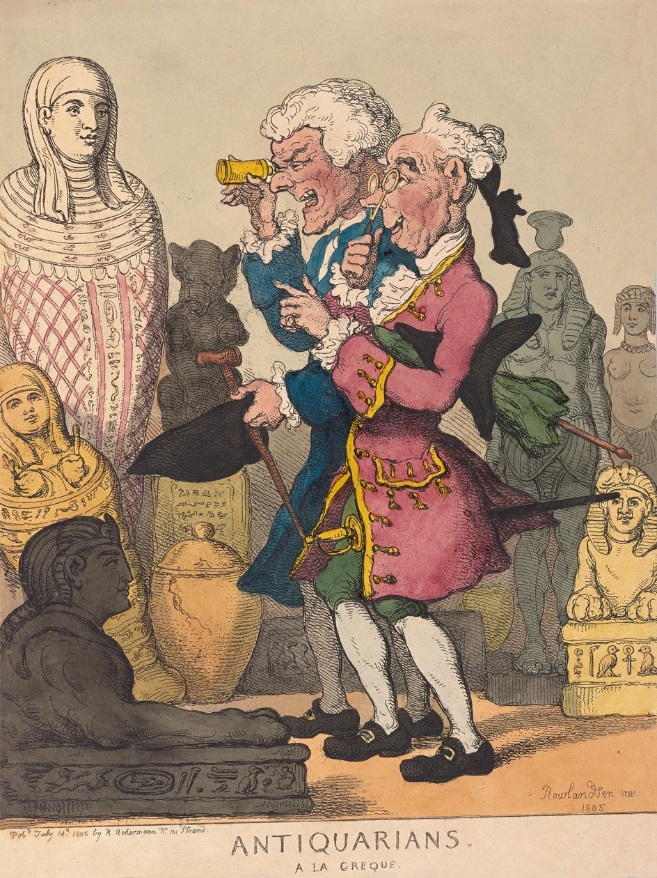 Antiquários à la Greque, pub. 1805 (gravura colorida à mão) de Thomas Rowlandson