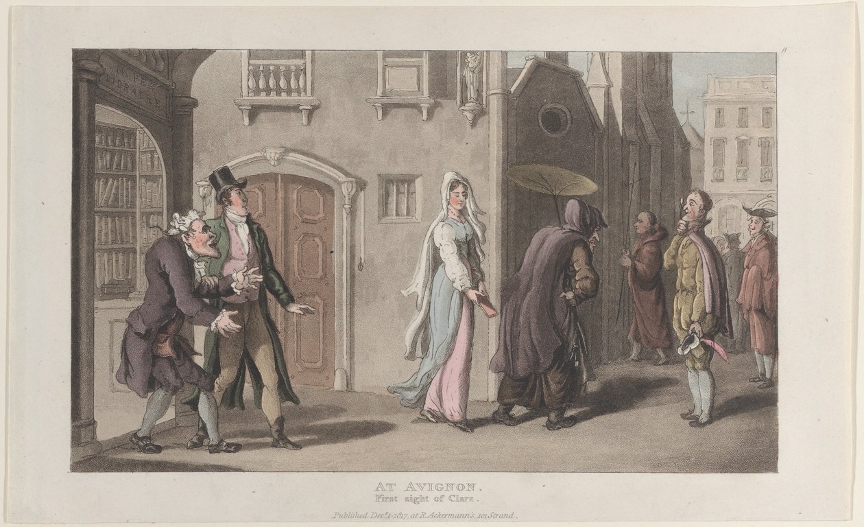 Em Avignon, First Sight of Clara, do Journal of Sentimental Travels in the ..., 1 de dezembro de 1817. de Thomas Rowlandson