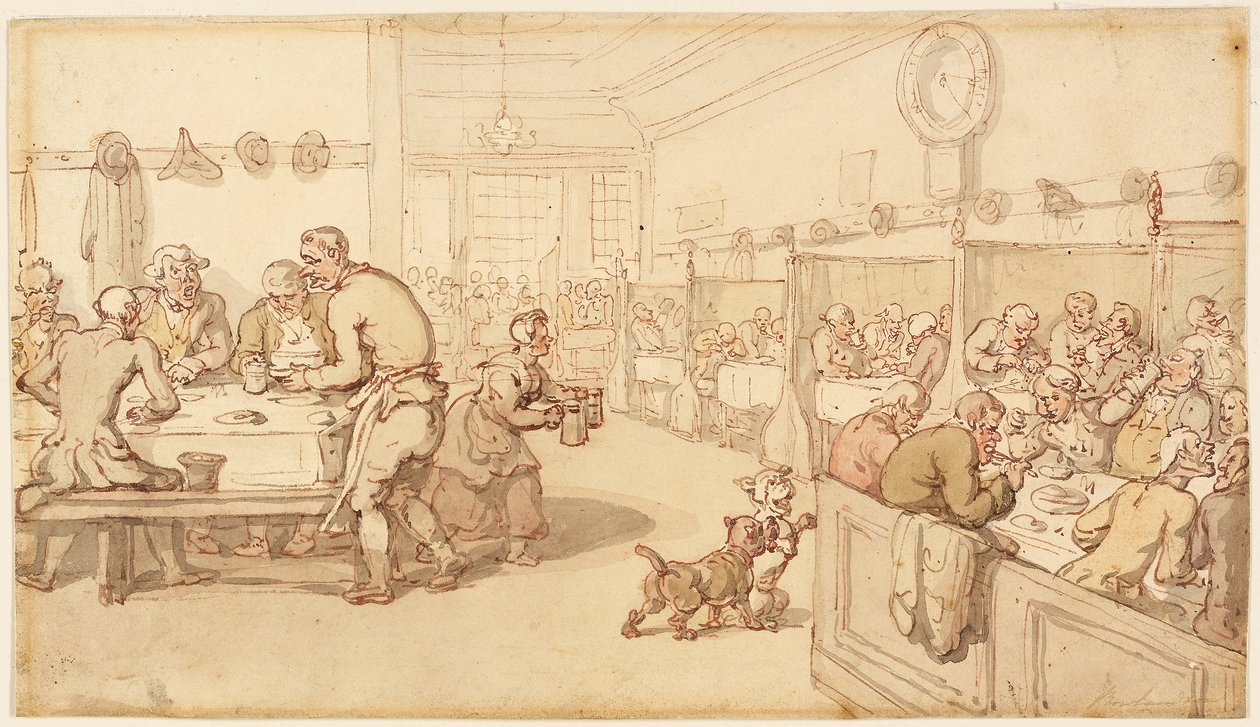 At an Old English Eating House (caneta e tinta vermelha com pincel e aguarela sobre grafite, sobre papel creme) de Thomas Rowlandson