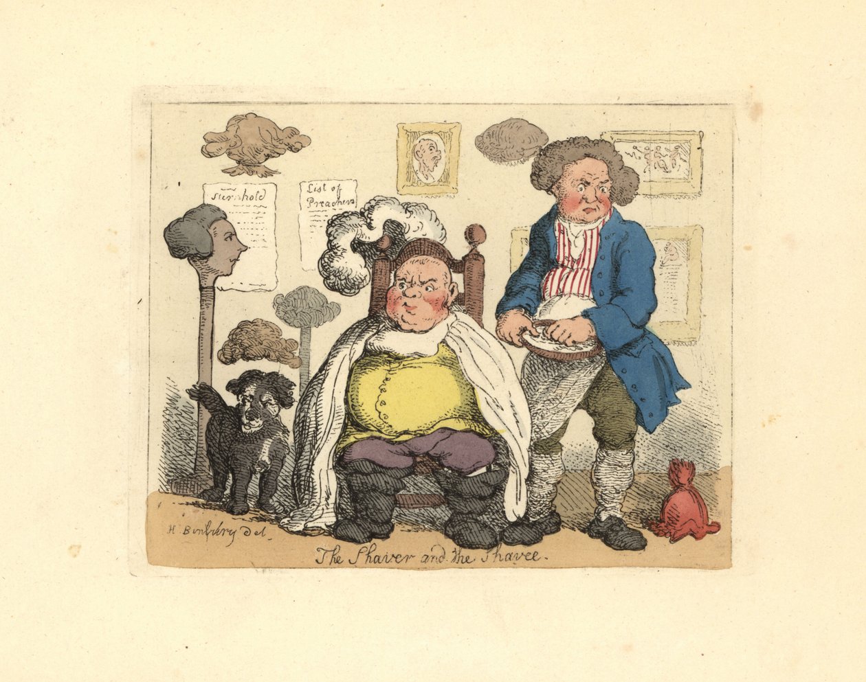 Barbeiro e cliente em uma barbearia decorada com perucas. de Thomas Rowlandson