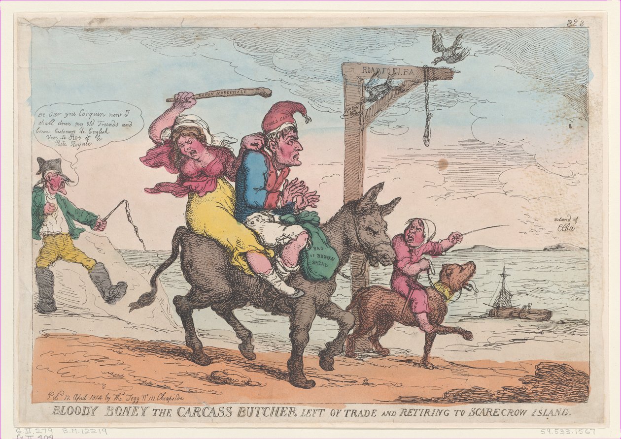 Bloody Boney, o carniceiro de carcaças, deixou o comércio e se retirou para a ilha do Espantalho,..., 12 de abril de 1814. de Thomas Rowlandson