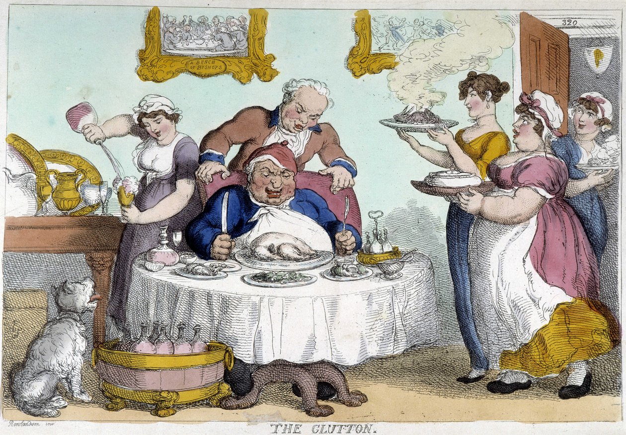 Bourgeois diante de uma refeição pletórica servida por muitos criados - caricatura de Rowlandson de Thomas Rowlandson