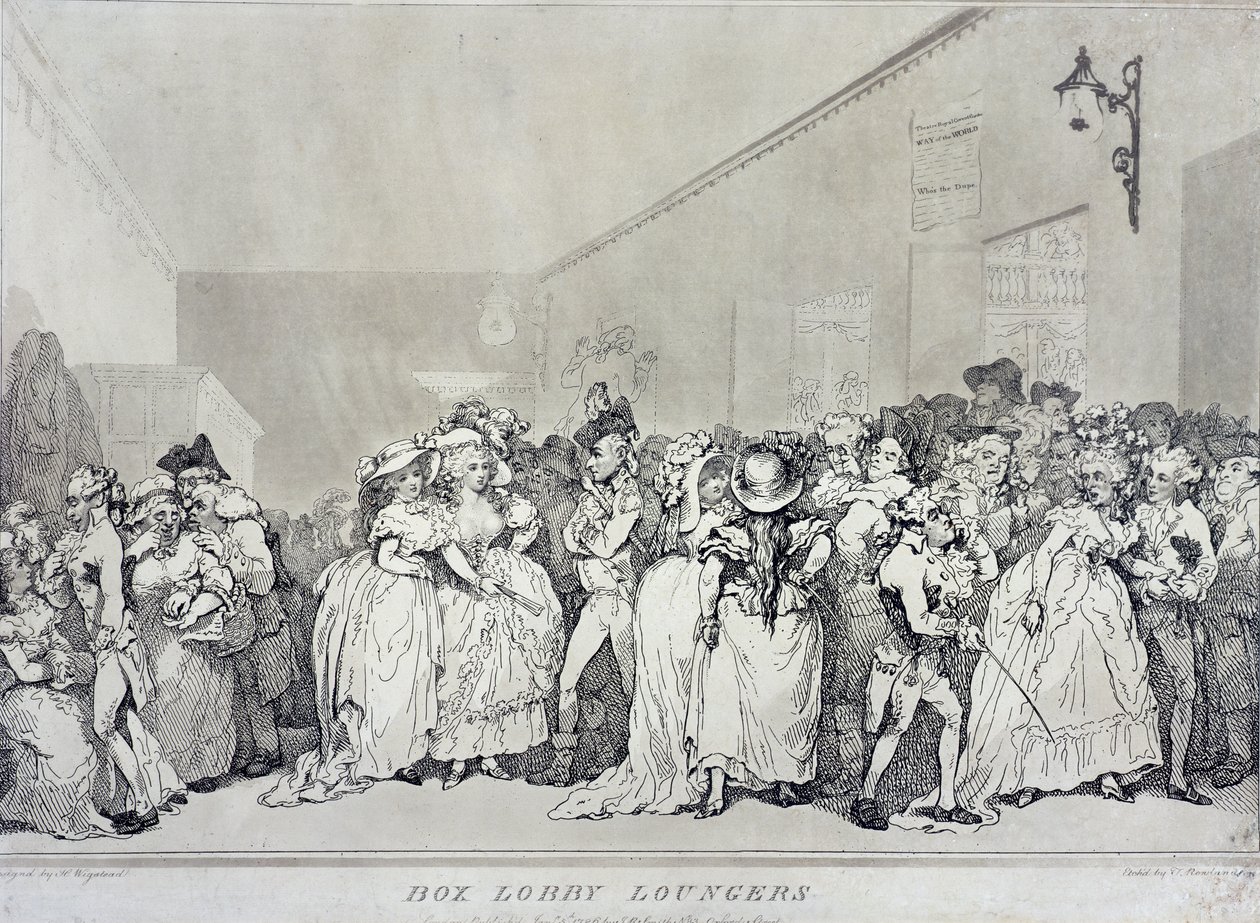 Box Lobby Loungers, gravado por Rowlandson, de um desenho de Henry Wigstead (c.1745-93), pub. por John Raphael Smith, 1786 (gravura em sépia) de Thomas Rowlandson