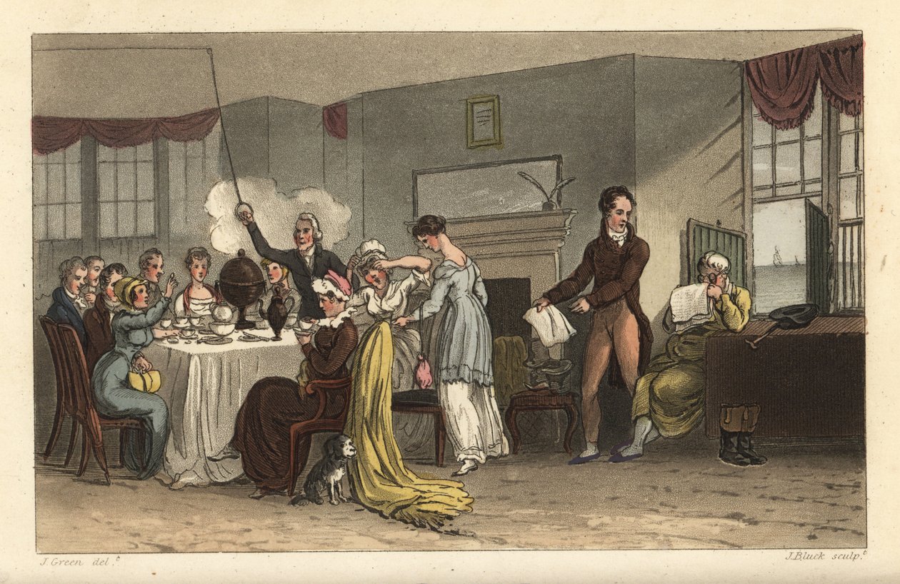 Sala de pequenos-almoços do Old Bell Inn, Scarborough. Os hóspedes bebem café, lêem jornais, tomam o pequeno-almoço numa sala de Regency. Gravura em chapa de cobre colorida à mão por Thomas Rowlandson, aquatint por J. Bluck, após um esboço de J. Green do P de Thomas Rowlandson