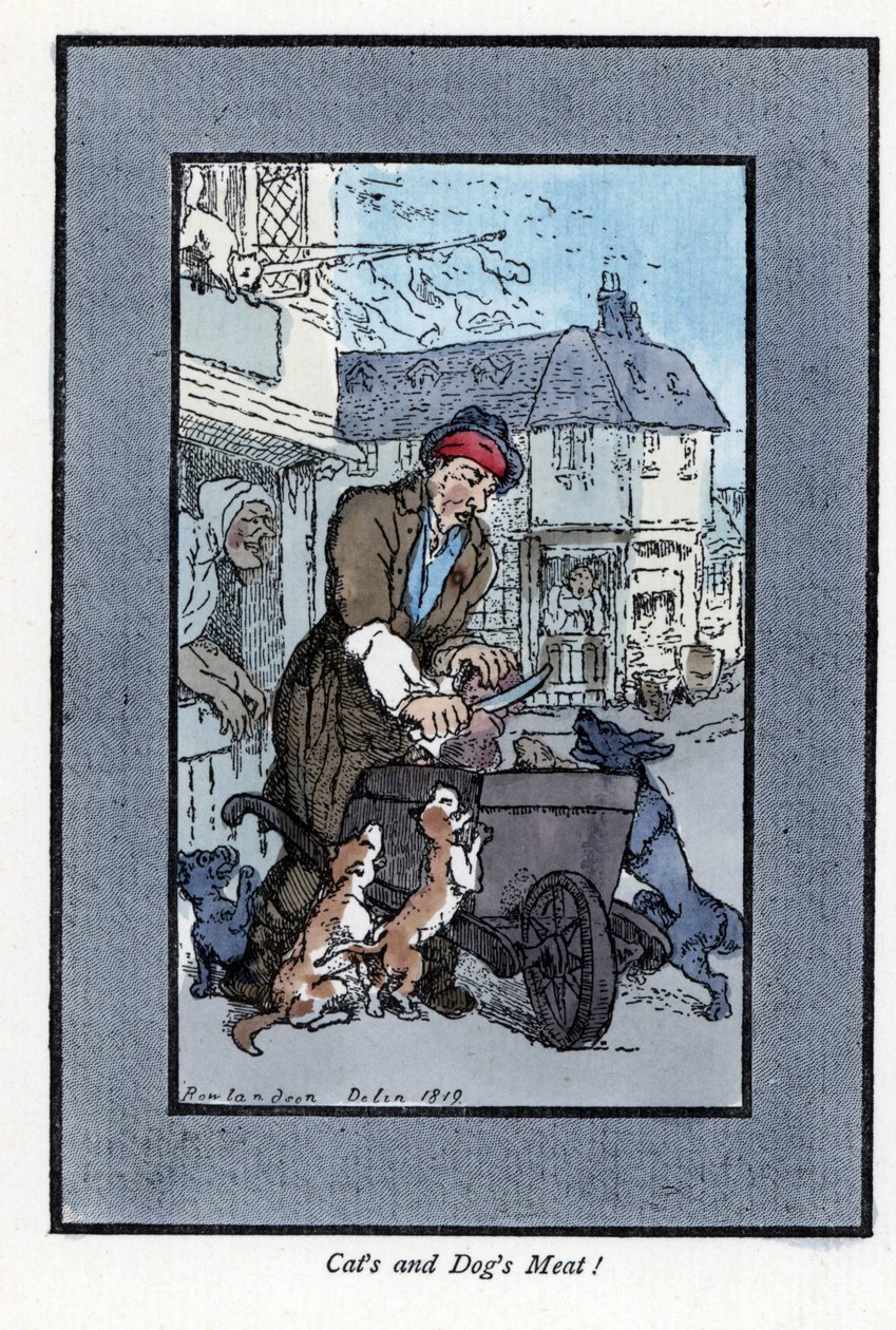 O açougueiro itinerante cortando um pedaço de carne, disse que cães e gatos atacam a roda do seu carrinho de mão. Gravura em madeira, baseada num quadro de Thomas Rowlandson (1756-1827), publicado em The Cris of London: com seis crianças encantadoras e qua de Thomas Rowlandson