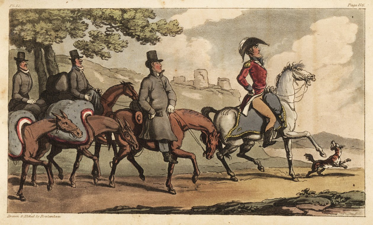 O Capitão Johnny Newcome e os seus criados com cavalos de carga na estrada para Santarém, Portugal, para regressar à Campanha Península. Gravura em chapa de cobre colorida à mão desenhada e gravada por Thomas Rowlandson do Coronel David Roberts