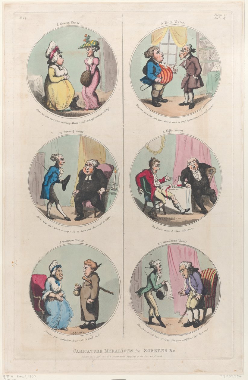 Medalhões de caricatura para telas &c: A Morning Visitor, An Evening Visitor, A We..., 1 de abril de 1800. de Thomas Rowlandson