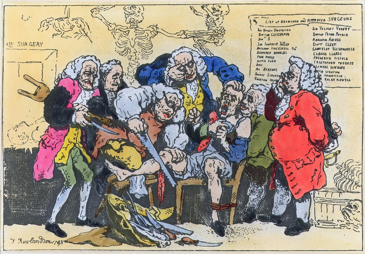 Caricatura de cirurgiões georgianos a trabalhar de Thomas Rowlandson