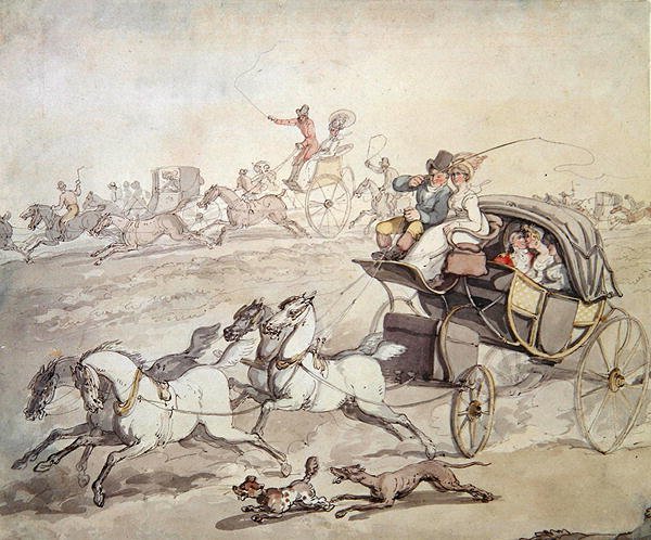 Carruagens e Cavaleiros a Toda a Velocidade através de Open Grassland, c.1800 (caneta e tinta com lavagem em papel) de Thomas Rowlandson