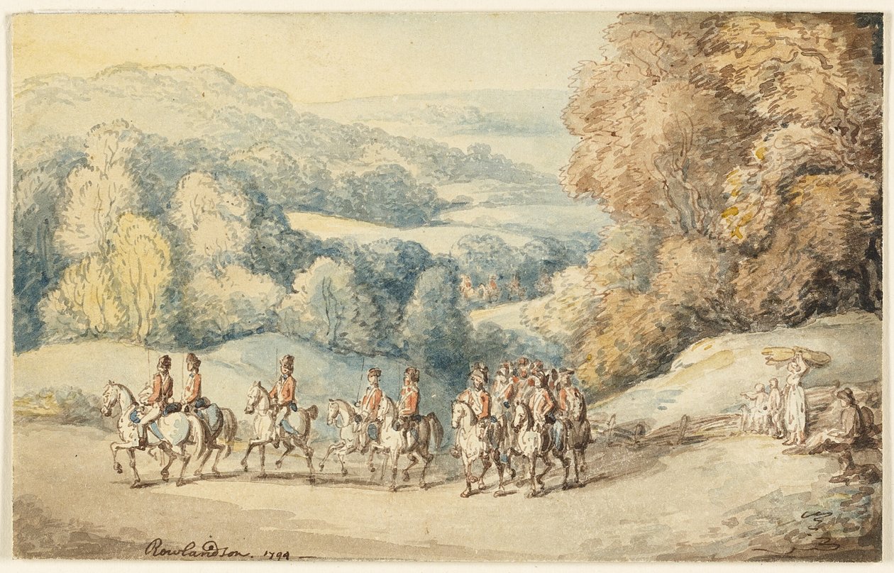 Cavalaria em marcha (anverso); Fragmento de esboço de cavalo (verso) de Thomas Rowlandson