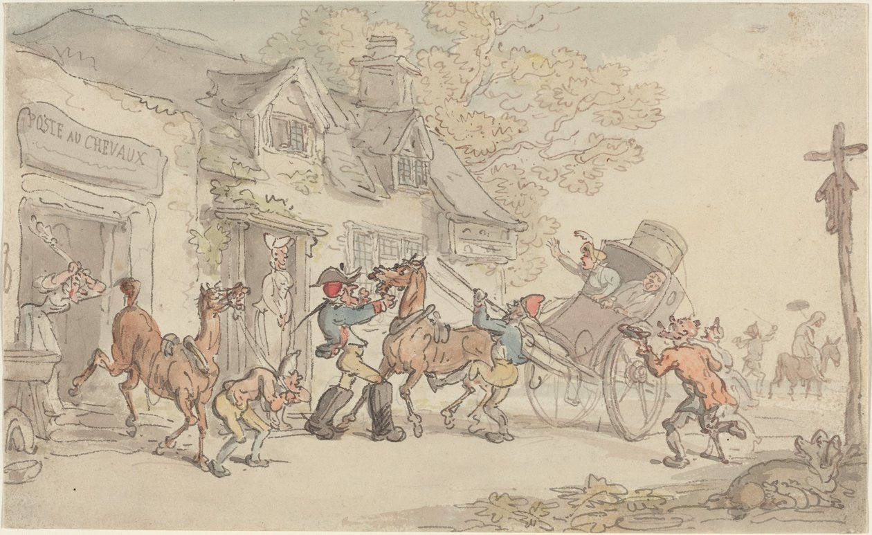 Trocando cavalos em uma casa de correio na França de Thomas Rowlandson