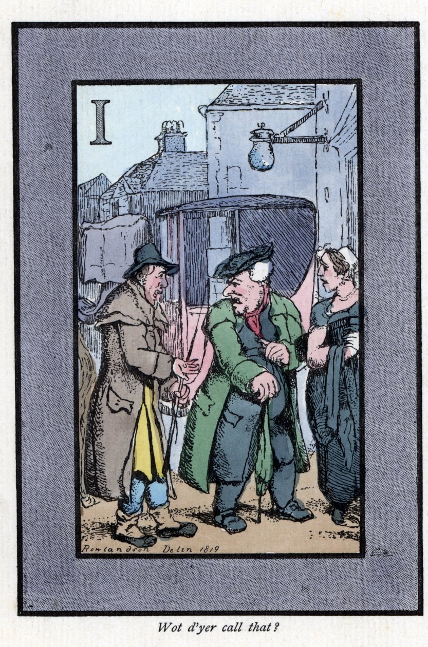 Verifique Hackney reclamando aos passageiros sobre pequenas gorjetas (1819). Gravura em madeira, baseada numa pintura de Thomas Rowlandson (1756-1827), publicada em The Cris of London: com seis crianças encantadoras e quase 40 ilustrações, de Andrew Tuer,  de Thomas Rowlandson