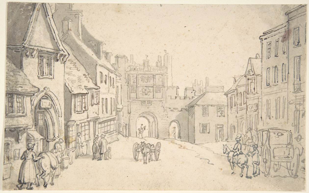 Vista da cidade com um portão medieval (talvez York) de Thomas Rowlandson