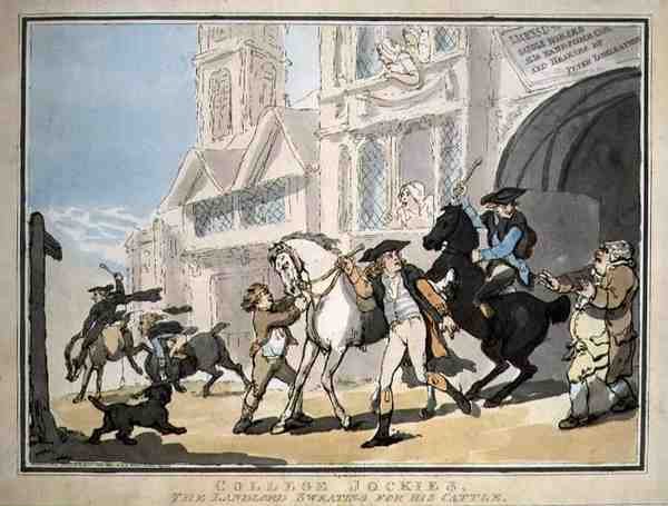 "College Jockies, The Landlord Sweating for his Cattle", pub. por E. Jackson de Thomas Rowlandson