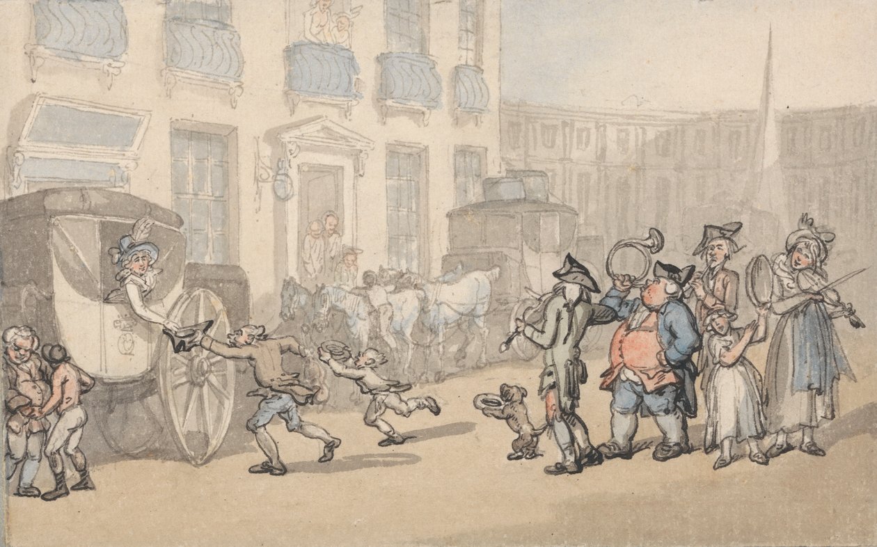 Conforto de Banho: Chegada dos autocarros de Thomas Rowlandson